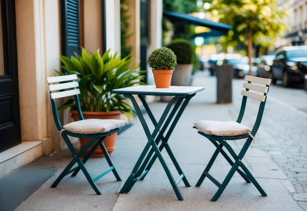 A cozy outdoor bistro set with a small table, two chairs, and a potted plant, set against a backdrop of a lush garden or a charming city street