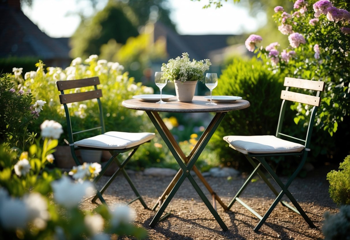 A cozy bistro set nestled in a quaint garden with a rustic table and two chairs, surrounded by blooming flowers and dappled sunlight