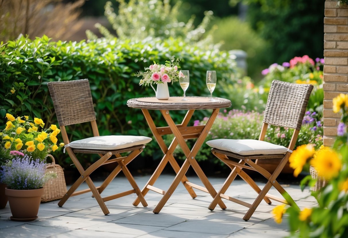 A cozy outdoor patio with a foldable wicker bistro set surrounded by lush greenery and colorful flowers