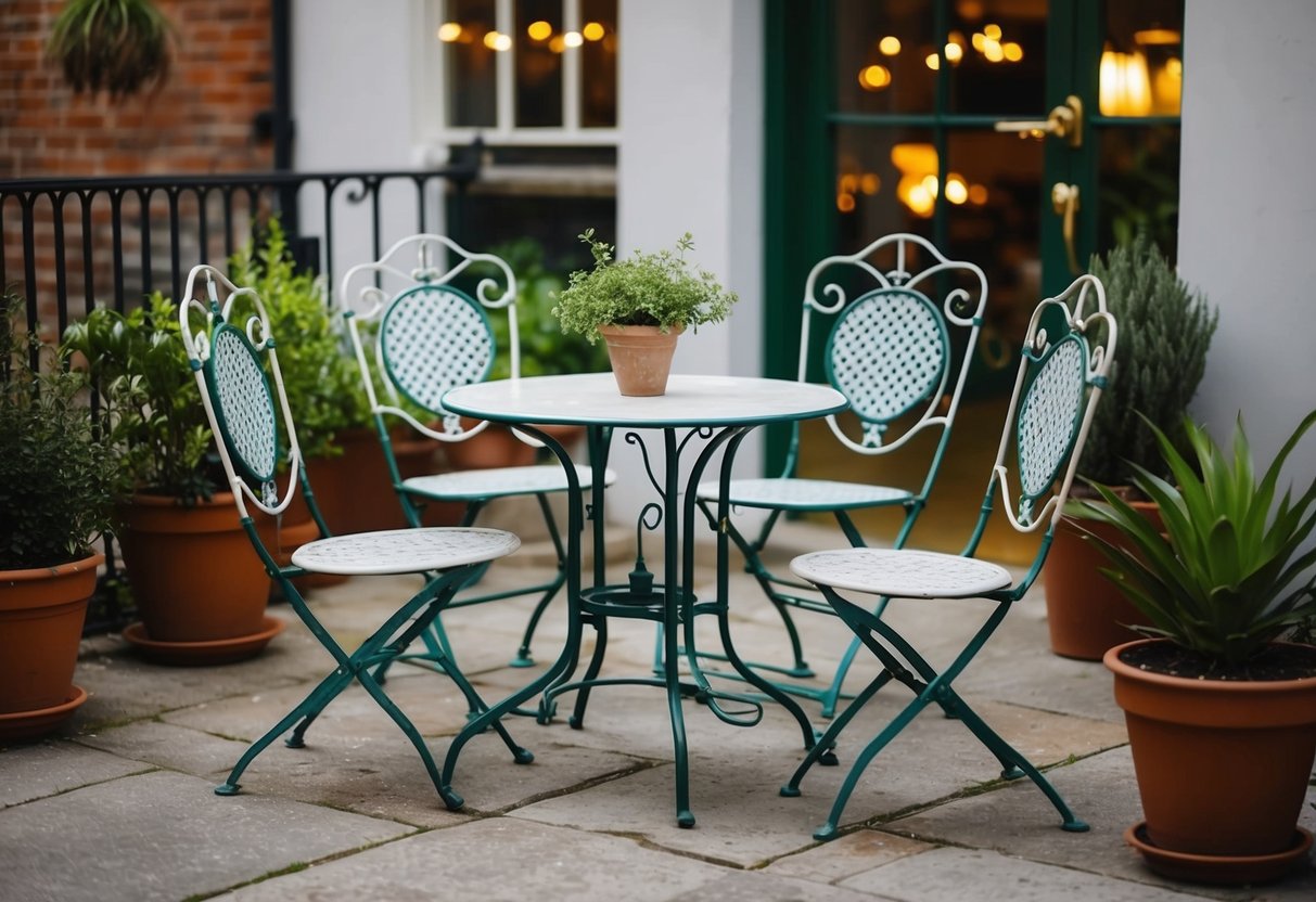 A charming vintage metal bistro set arranged on a quaint outdoor patio, surrounded by potted plants and bistro lights