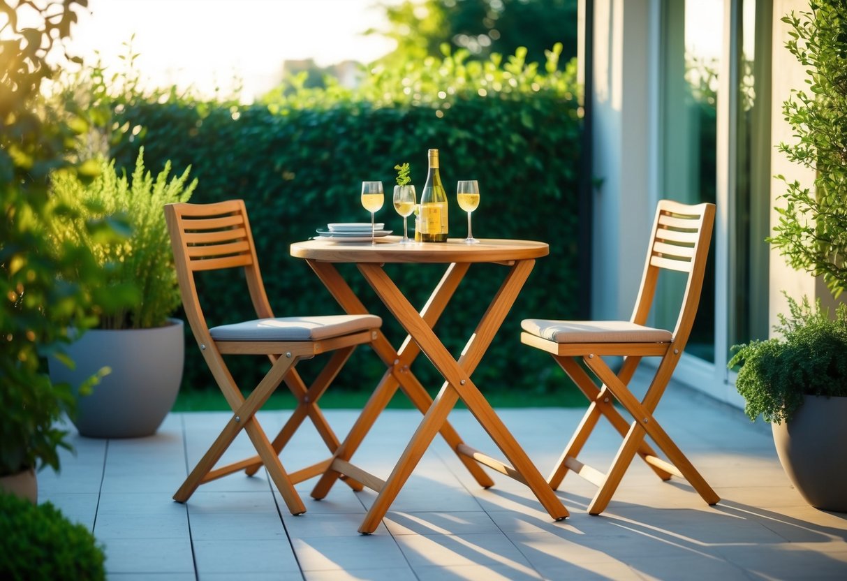 A modern teak bistro set arranged on a stylish outdoor patio, surrounded by lush greenery and bathed in warm sunlight