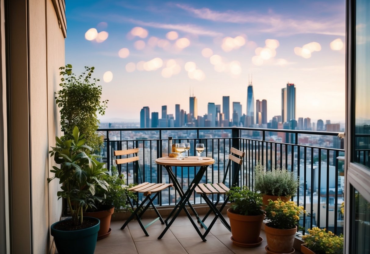 A cozy balcony with a small bistro set, surrounded by potted plants and overlooking a city skyline