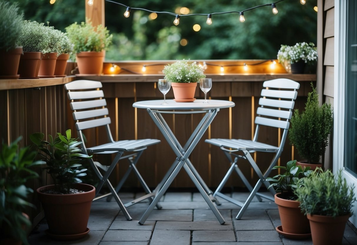 A cozy outdoor patio with a small aluminum bistro set surrounded by potted plants and twinkling string lights