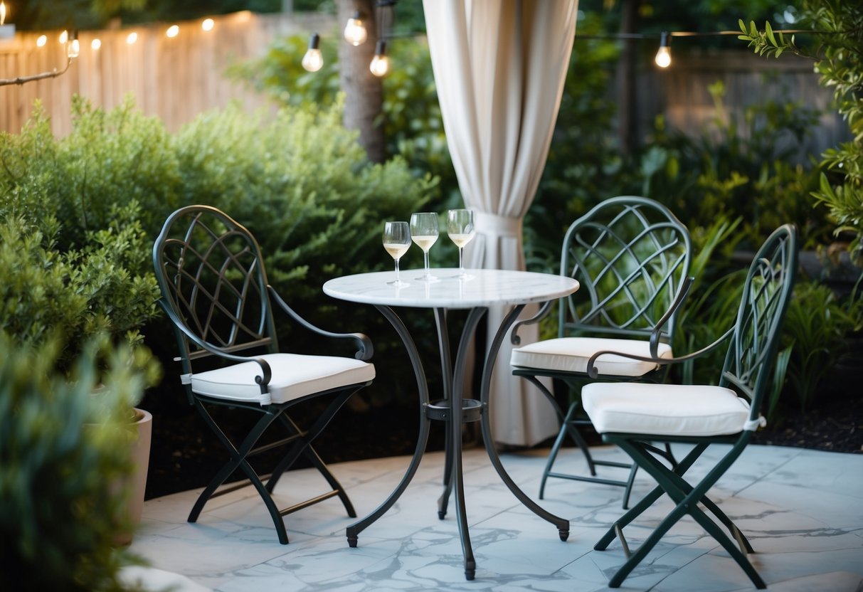 A serene outdoor patio with a marble-top bistro set surrounded by lush greenery and soft ambient lighting