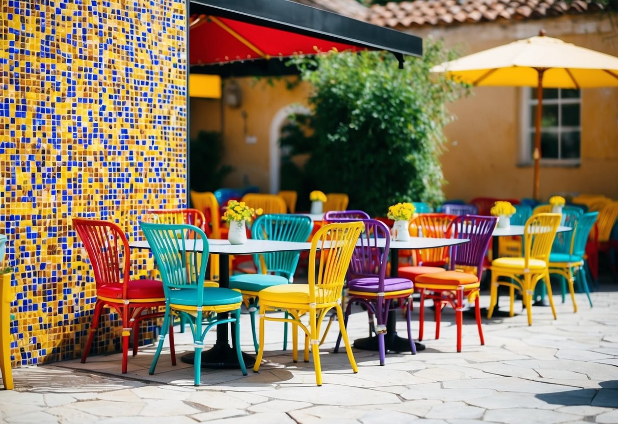 A vibrant mosaic-patterned bistro set arranged in a sunny outdoor patio with colorful chairs and tables