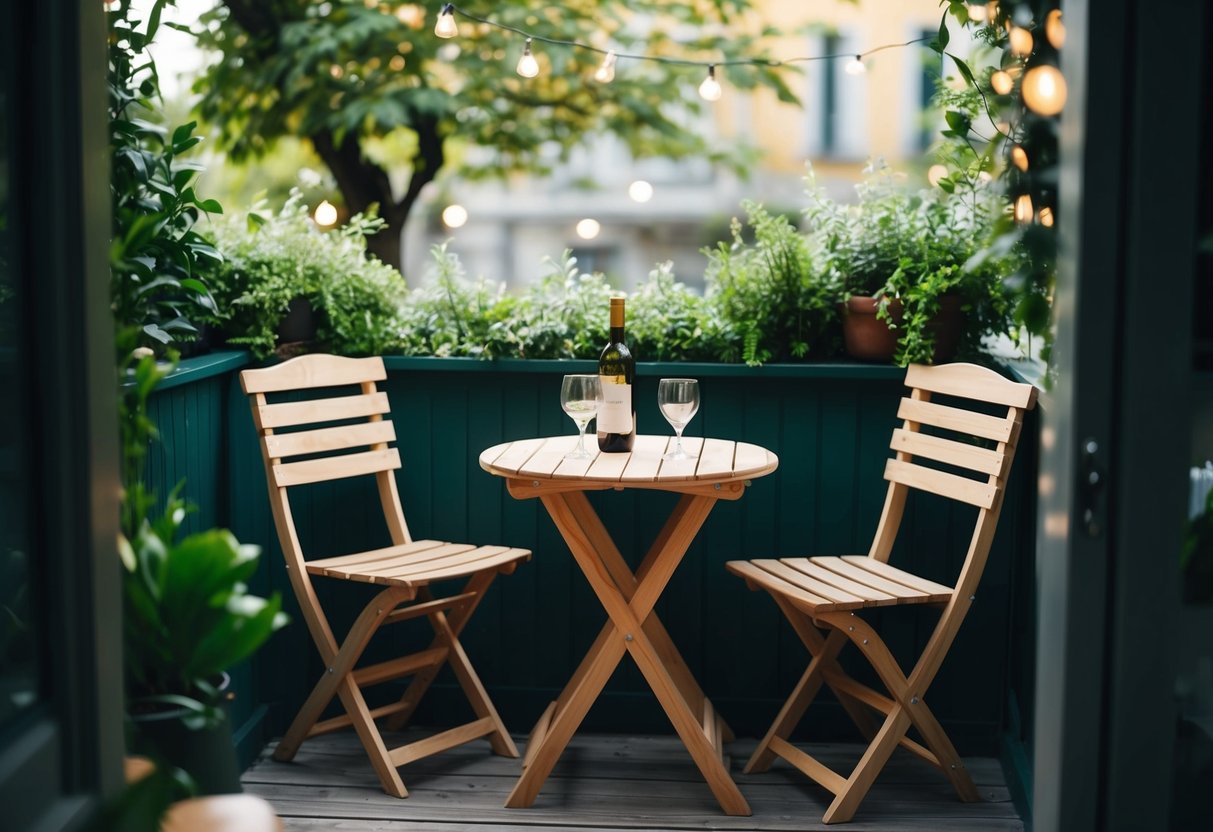 A charming wooden bistro set nestled in a cozy corner, with a small table and two chairs, surrounded by lush greenery and soft lighting