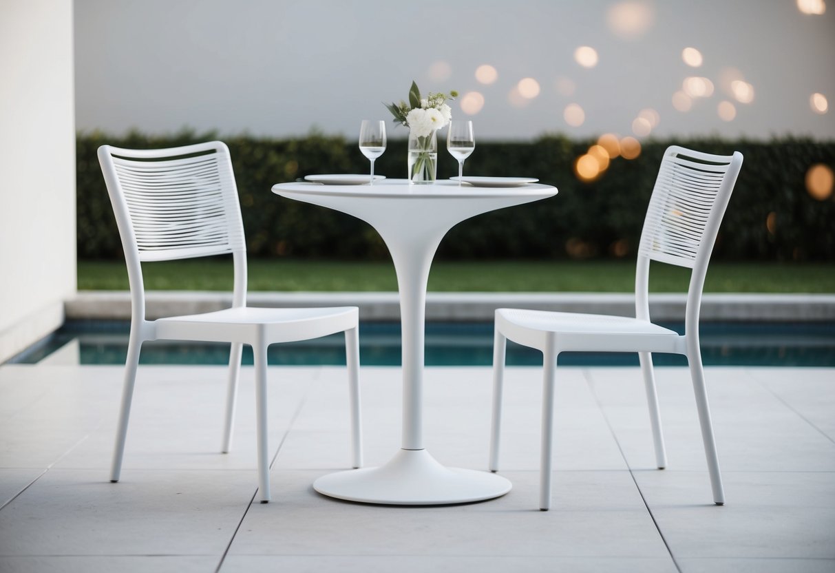 A sleek white bistro set on a clean, modern patio with minimal decor