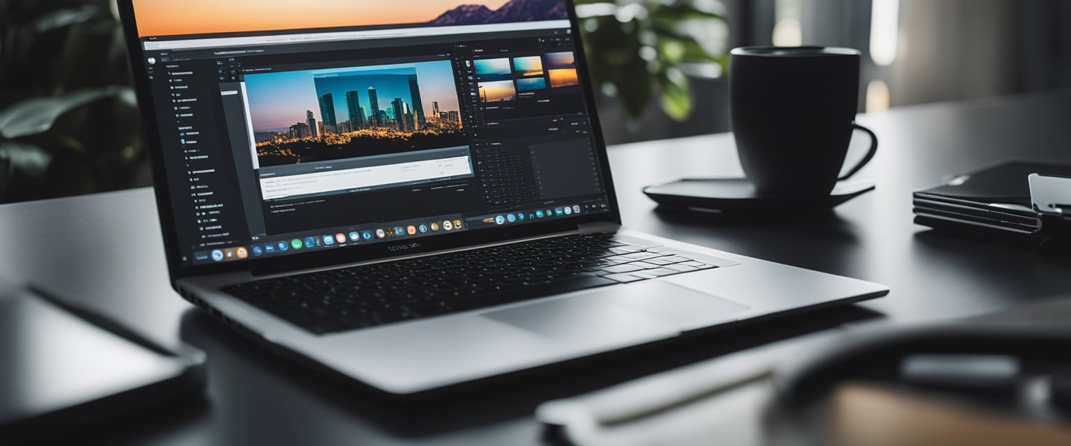 Ein Laptop mit einem schlanken, modernen Design steht auf einem sauberen Schreibtisch, umgeben von Designsoftware, einer Farbpalette und einem Lineal.