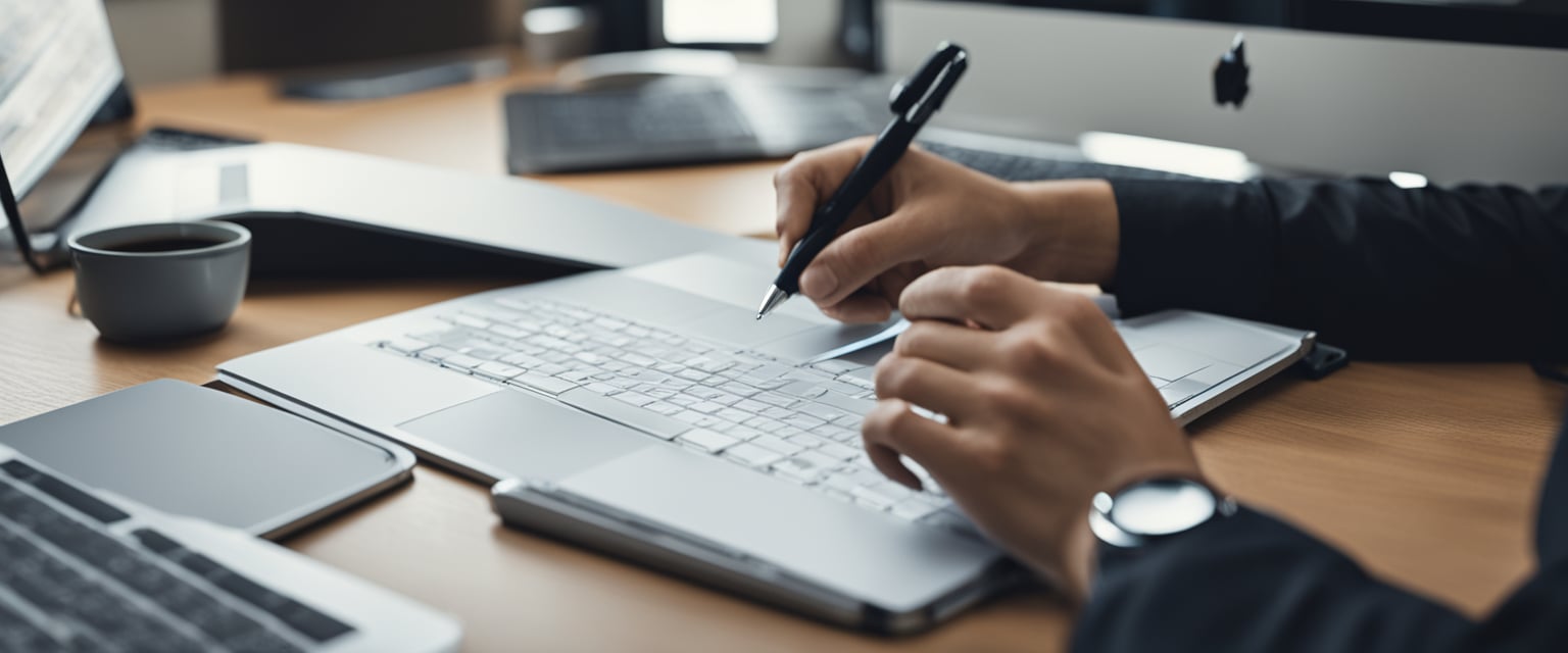 Ein Grafikdesigner, der mit einem Computer, Stift und Papier ein Website-Layout für Brainstorming erstellt.