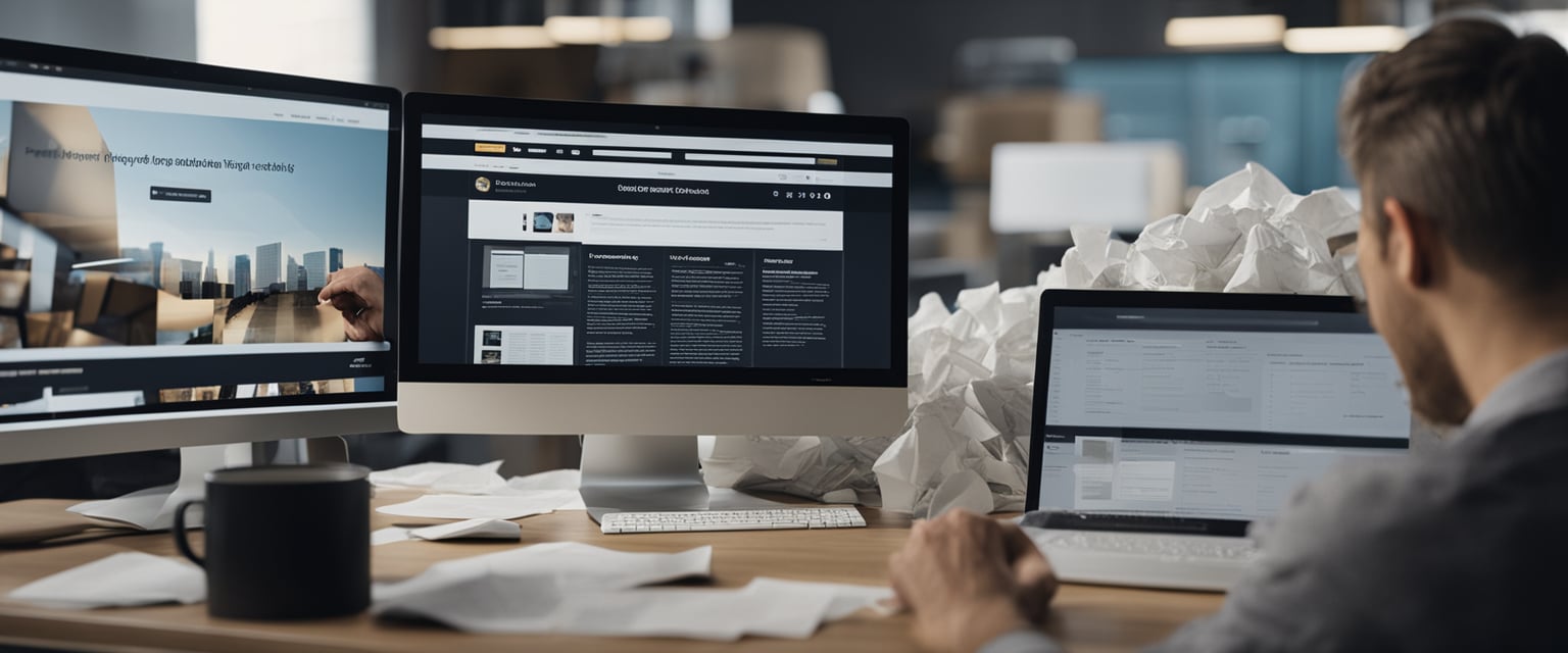 Ein Computerbildschirm mit einem Webdesign, umgeben von zerknülltem Papier und einer frustrierten Person, die sich am Kopf kratzt.
