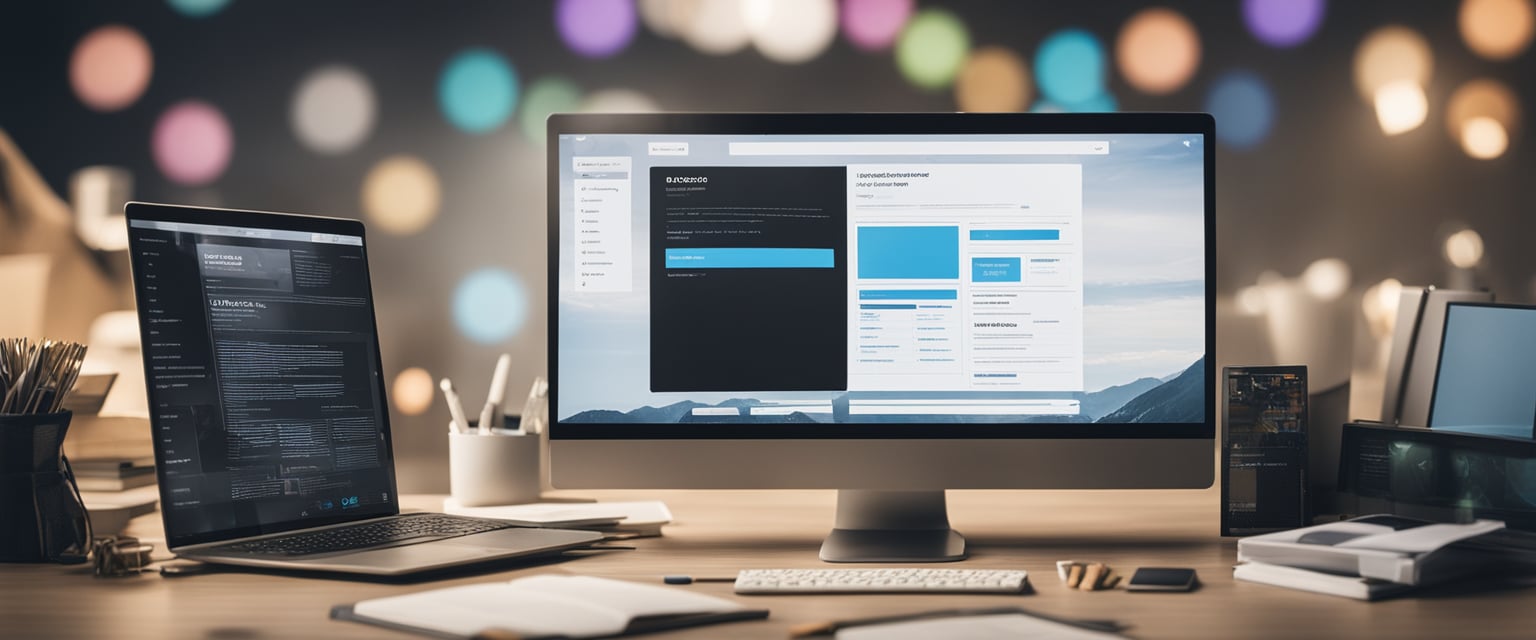 Ein Computerbildschirm, der eine Website mit Designelementen und Fehlern anzeigt, umgeben von Designwerkzeugen und Referenzmaterialien