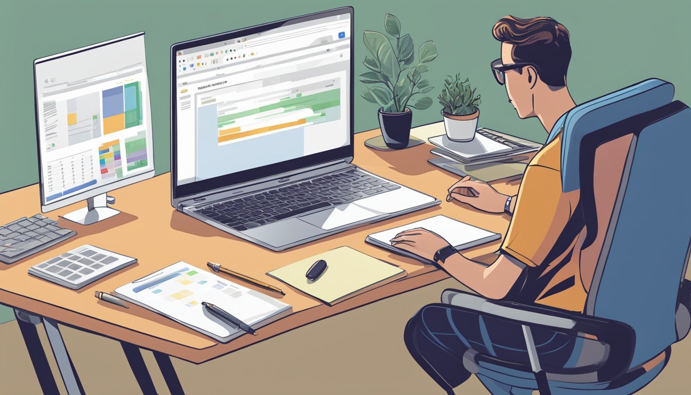 En person som sitter ved et skrivebord og skriver på en datamaskin med Google Keyword Planner-nettsiden åpen på skjermen. En notatblokk og penn er i nærheten.