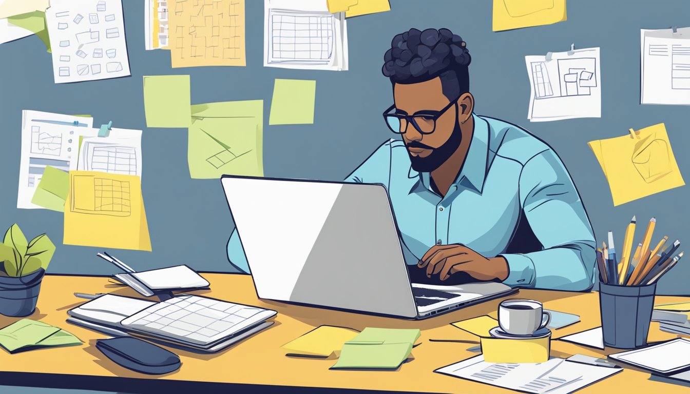 En person som brainstormer med en bærbar PC, omgitt av klistrelapper og diagrammer, mens de bruker Google Keyword Planner for lavkonkurranse søkeord.