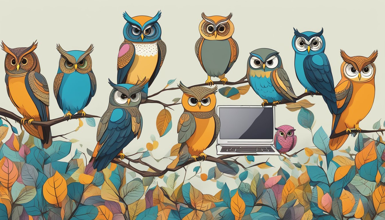 En gruppe fargerike ugler sitter på grener, med en dataskjerm som viser Hootsuite-dashbordet i bakgrunnen.