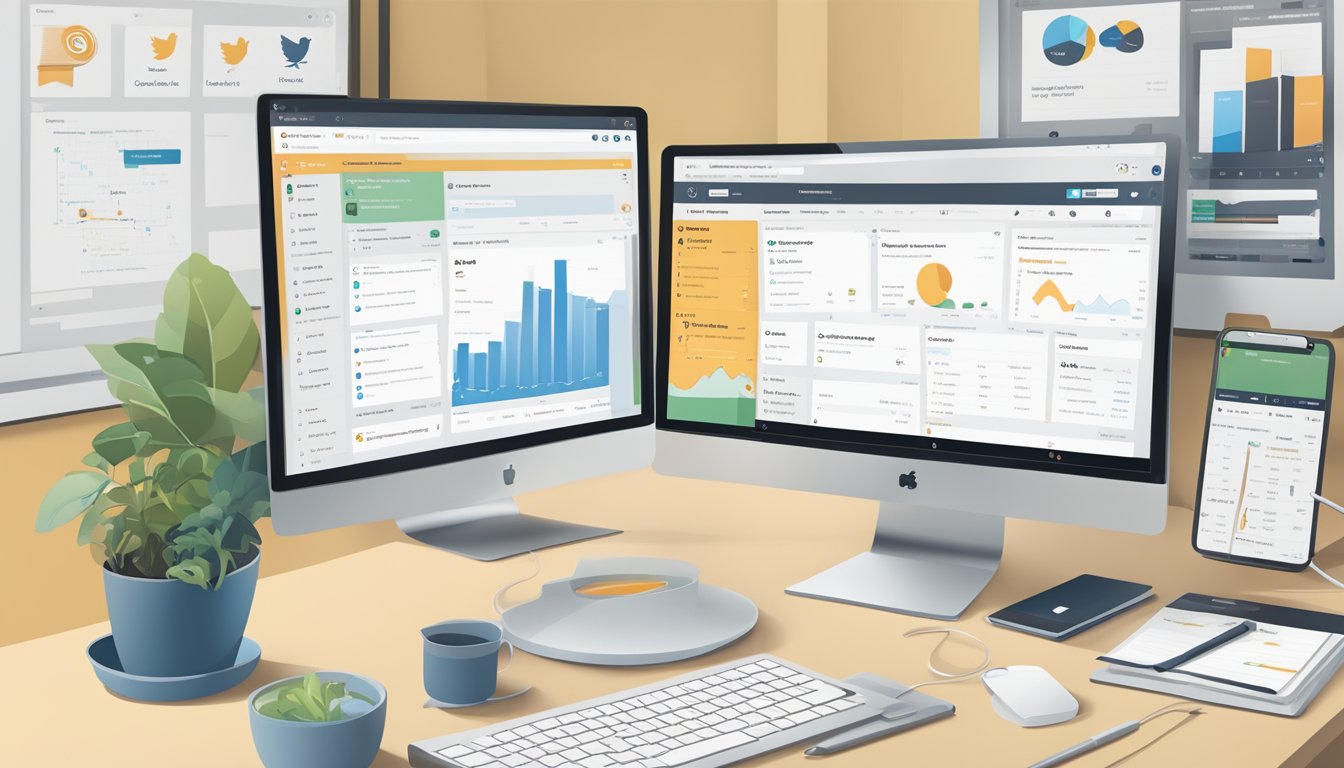 En dataskjerm med Hootsuite-dashbordet åpent, som viser planlagte innlegg, analyser og tilkoblede sosiale medieprofiler