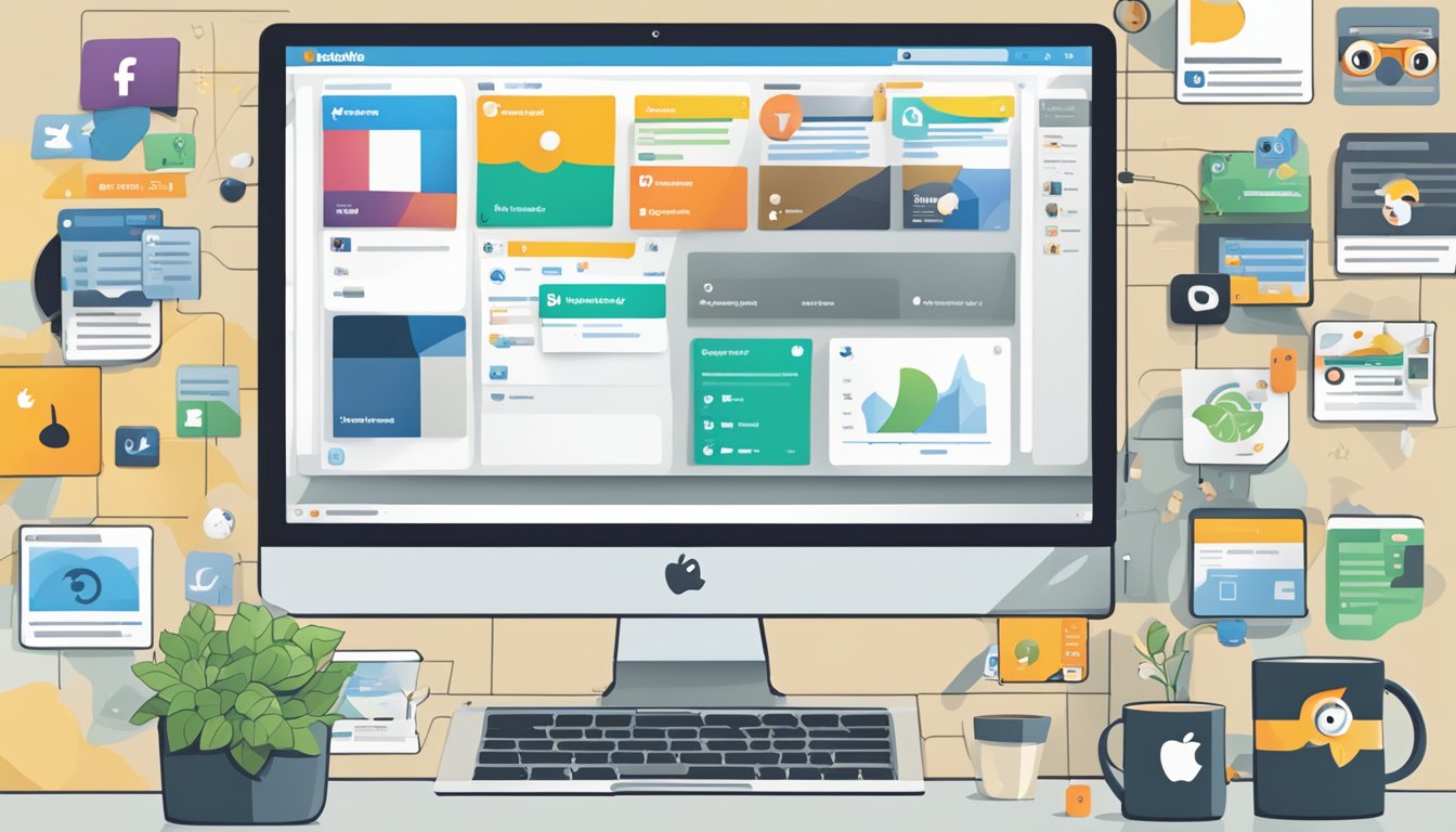 En dataskjerm som viser Hootsuite-dashbordet med ulike sosiale medieprofiler og innlegg som blir administrert