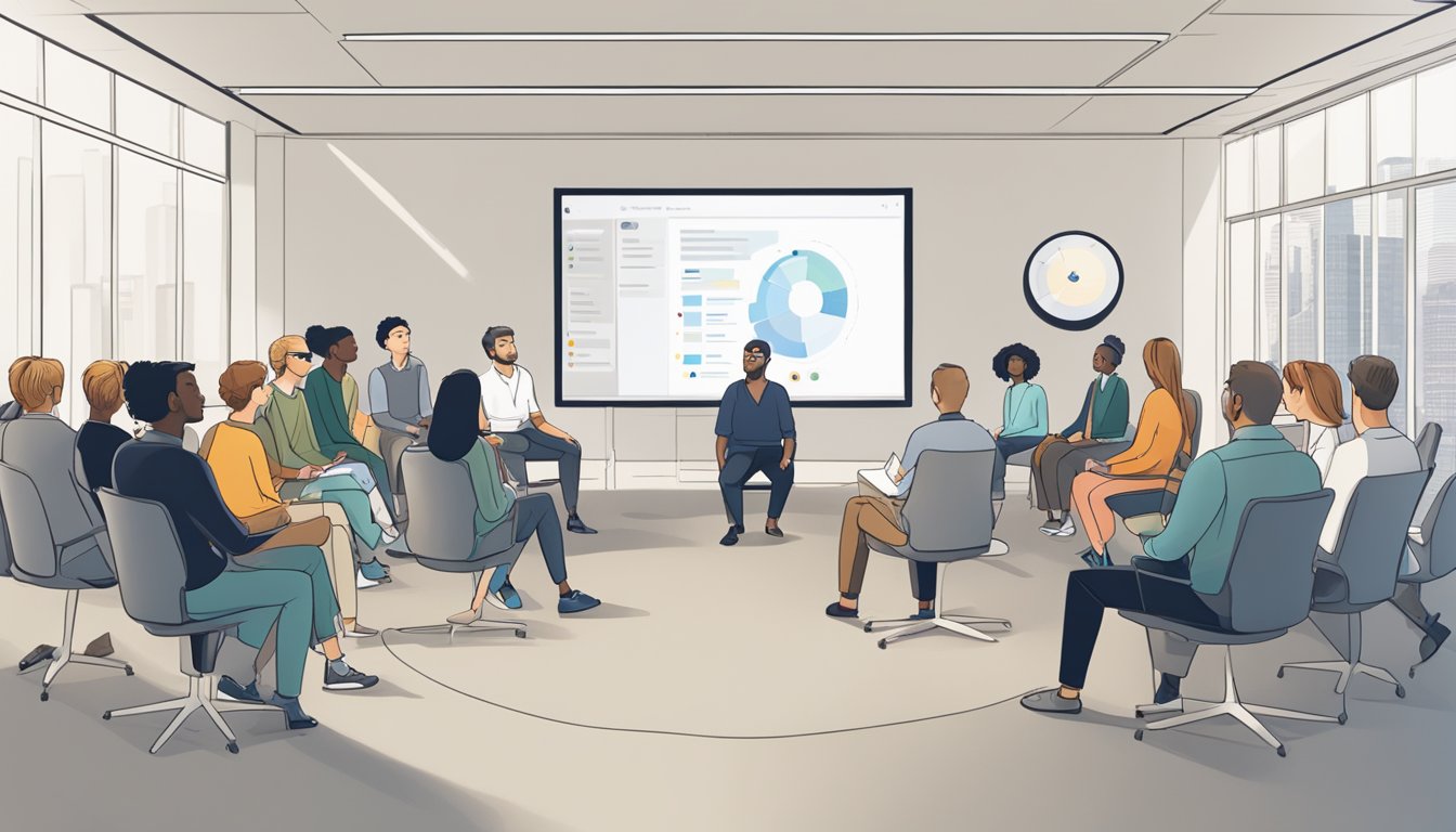 En gruppe mennesker som sitter i en sirkel, lytter og observerer med et Hootsuite-dashbord vist på en stor skjerm