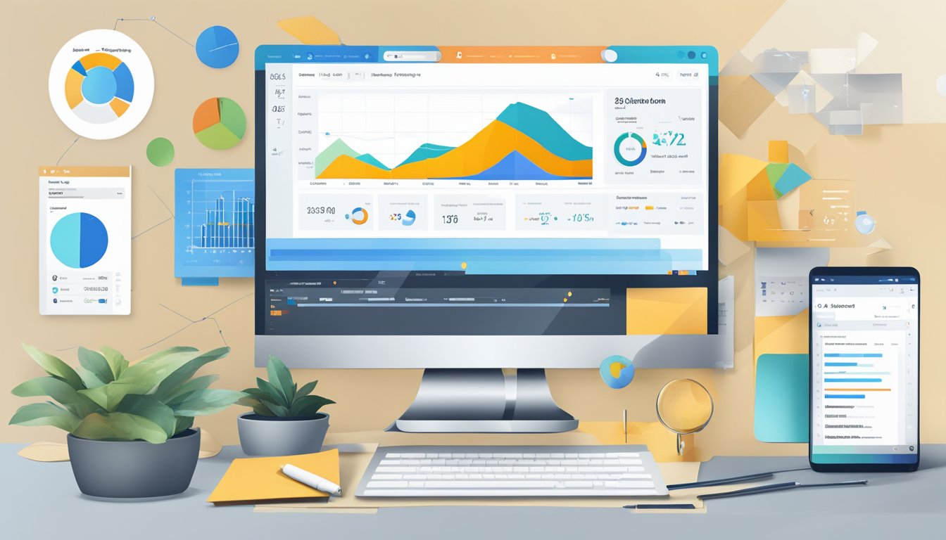 En dataskjerm med Hootsuite-analysepanel åpent, omgitt av diagrammer og grafer