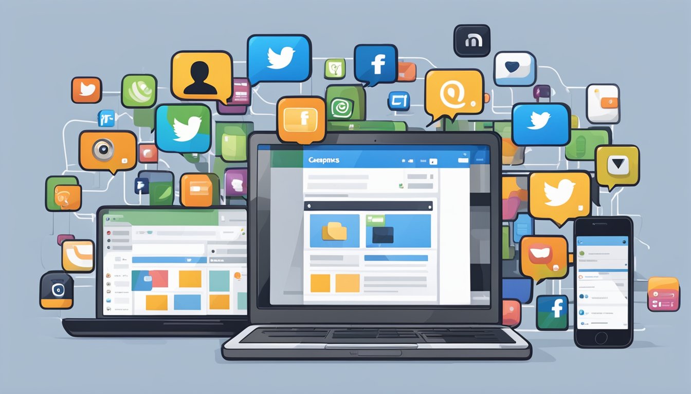 En bærbar datamaskin og smarttelefon som viser sosiale medieplattformer med Hootsuite åpen for planlegging og administrering av kampanjer og annonser.