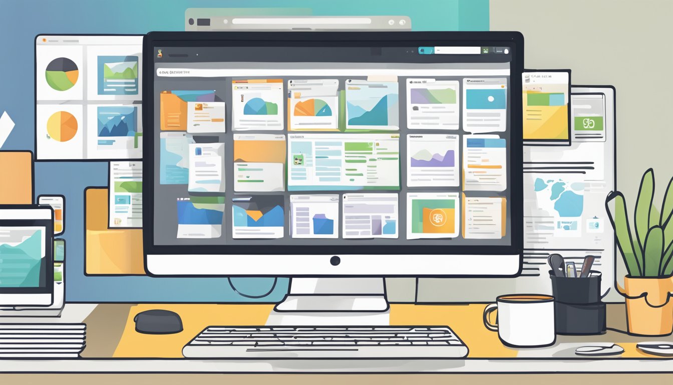 En dataskjerm med Hootsuite-dashbordet åpent, som viser ulike sosiale medieinnlegg som blir opprettet og planlagt for publisering