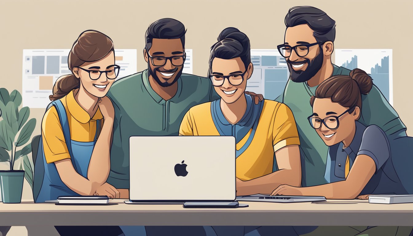 En gruppe ansatte samles rundt en datamaskin, smilende og engasjerte. Hootsuite-logoen er synlig på skjermen.