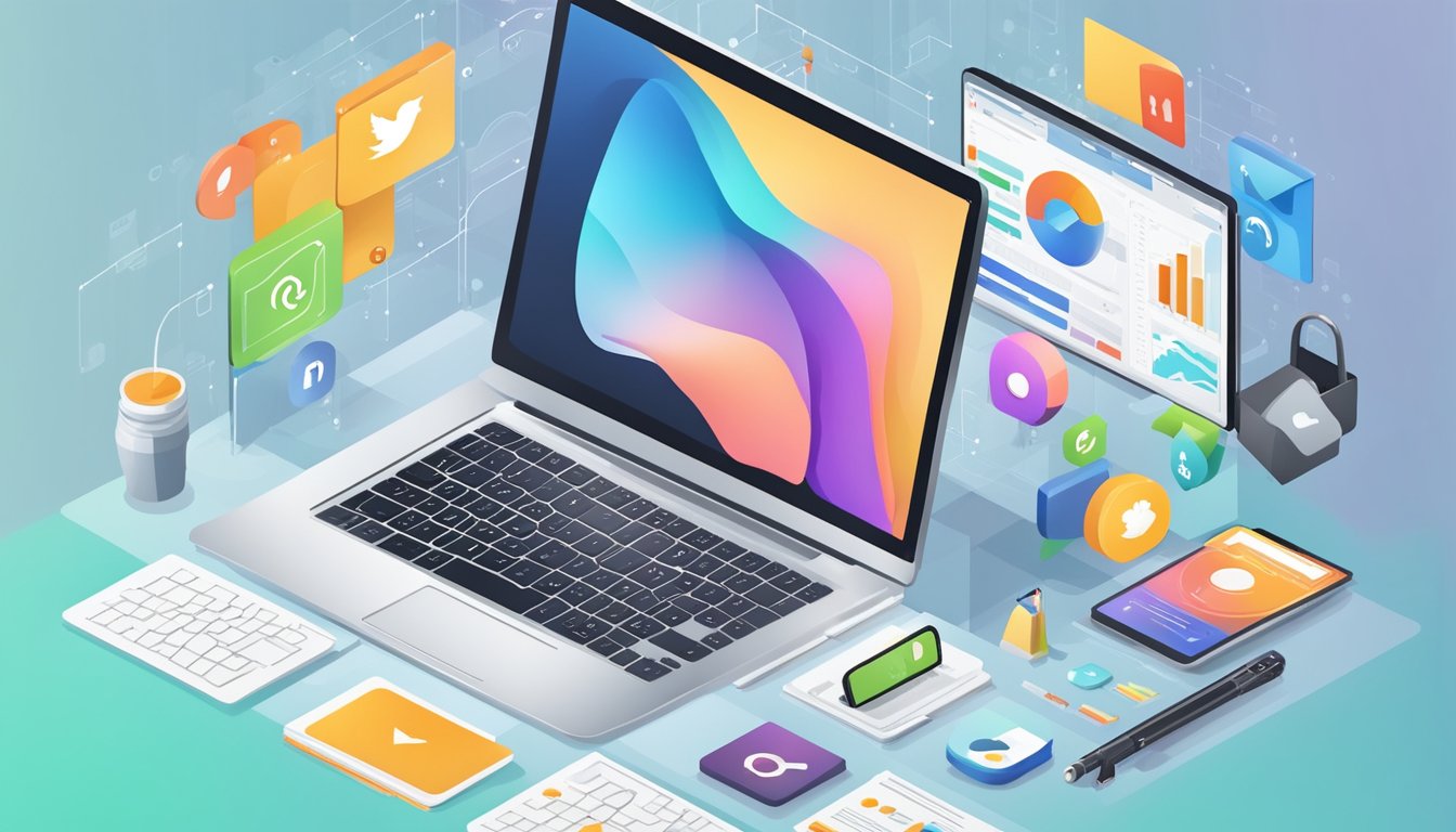 En bærbar datamaskin omgitt av ulike markedsføringsverktøy og strategier, som sosiale medieikoner, innholdskalendere og analysegrafer.