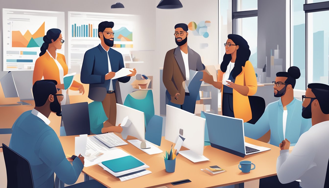 En gruppe mangfoldige mennesker som deltar i samtale og utveksler informasjon i et moderne kontormiljø, med ulike digitale og fysiske markedsføringsmaterialer til stede.