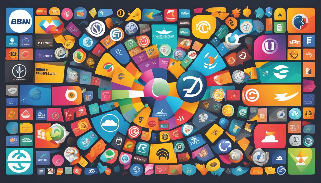 En fargerik og dynamisk collage av forskjellige merkevarelogoer og symboler arrangert i et sirkulært mønster, omkranset av piler som peker innover