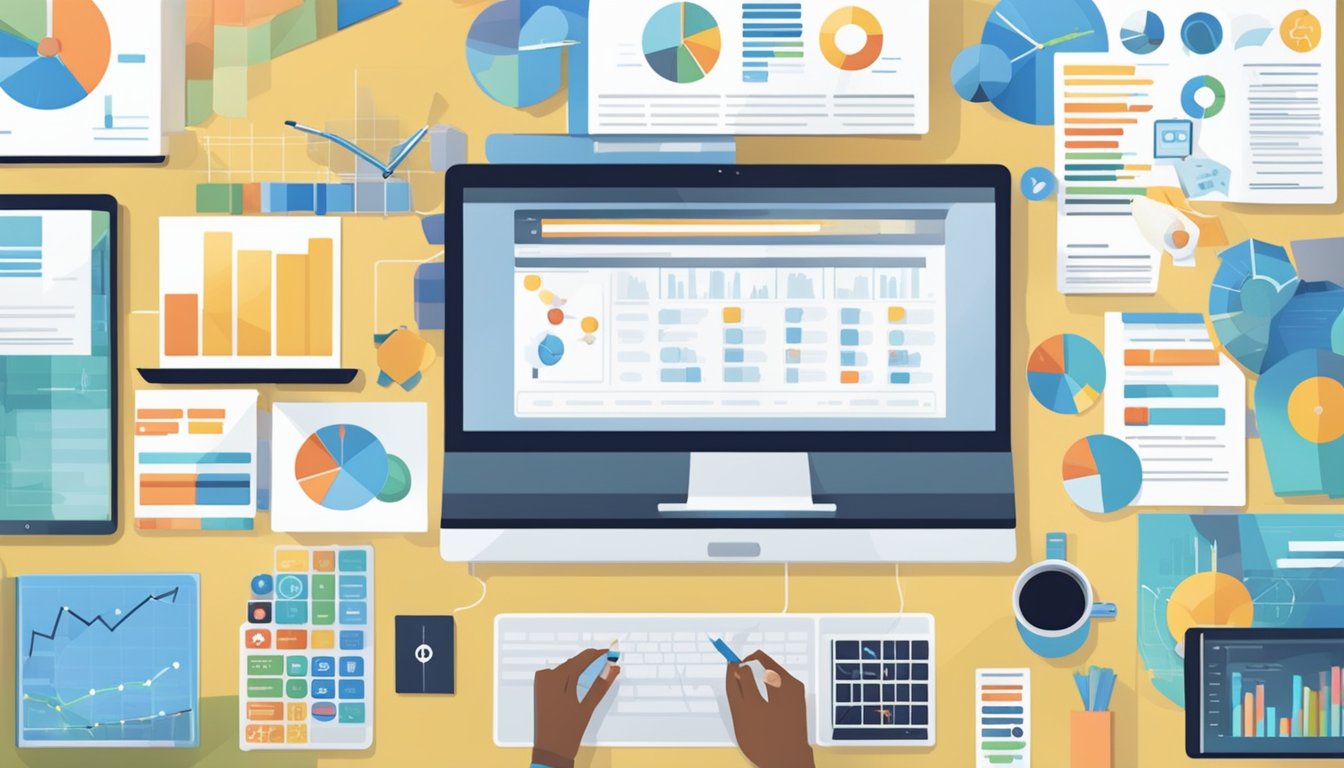 En person som skriver på en bærbar datamaskin omgitt av ulike markedsføringsmaterialer og analyse-diagrammer