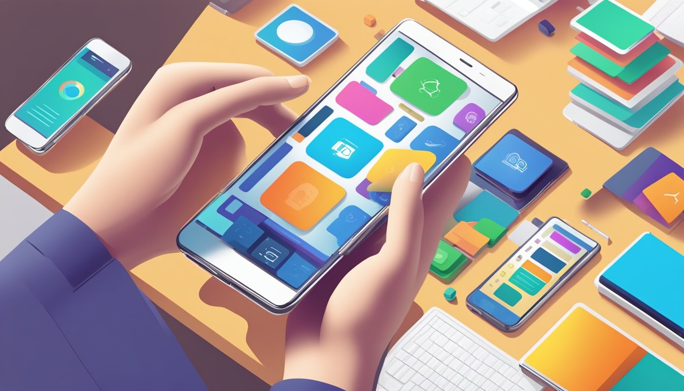 En person som bruker en smarttelefon for å samhandle med et brukervennlig grensesnitt, omringet av moderne digitale enheter og fargerike merkevarematerialer
