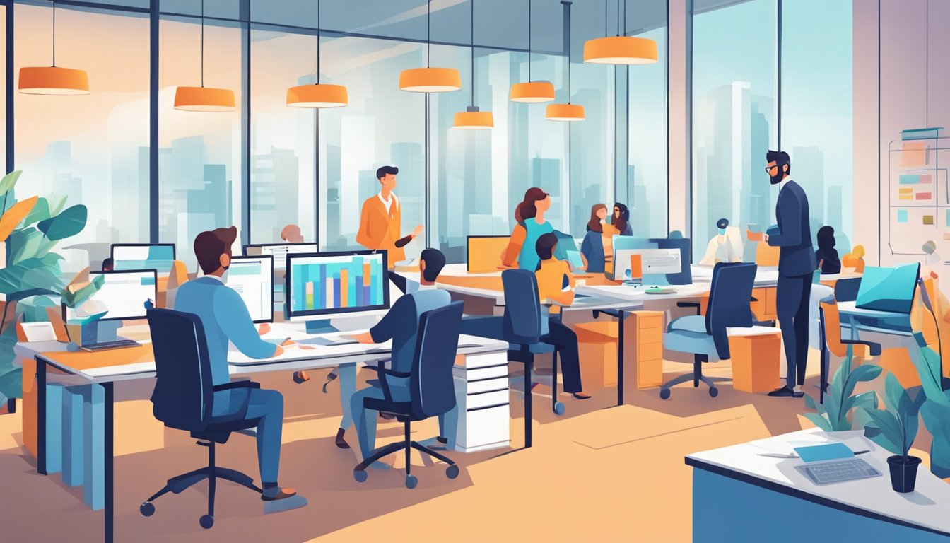 Et travelt kontor med folk som samarbeider om markedsføringsstrategier og analyserer data for innkommende markedsføring