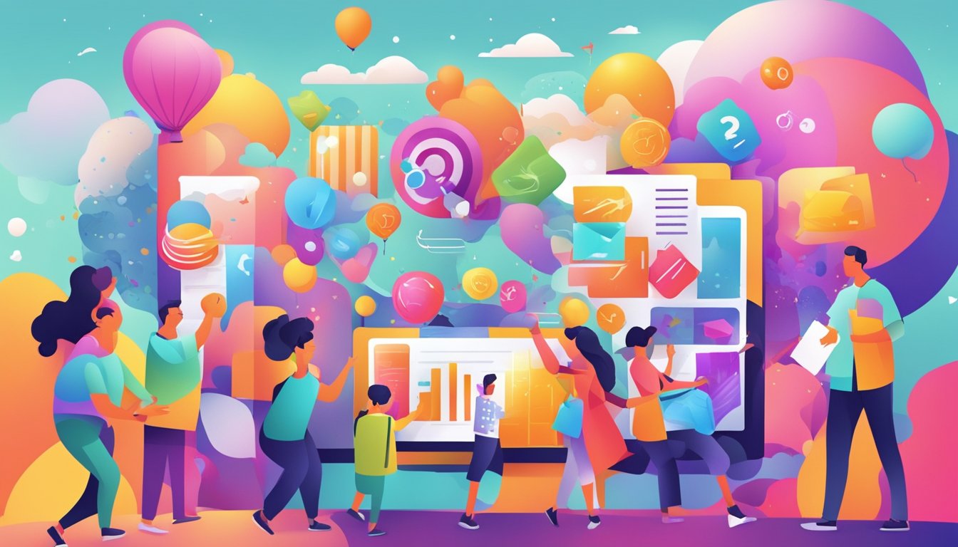 En fargerik og dynamisk illustrasjon av ulike markedsføringselementer som interagerer og engasjerer seg med hverandre, og skaper en følelse av spenning og glede