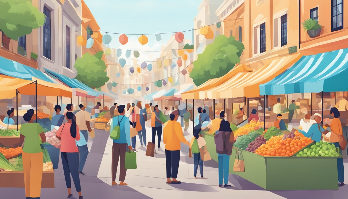 Et travelt marked med ulike leverandører og kunder som interagerer, med skilt og bannere som promoterer salg og markedsføringsstrategier