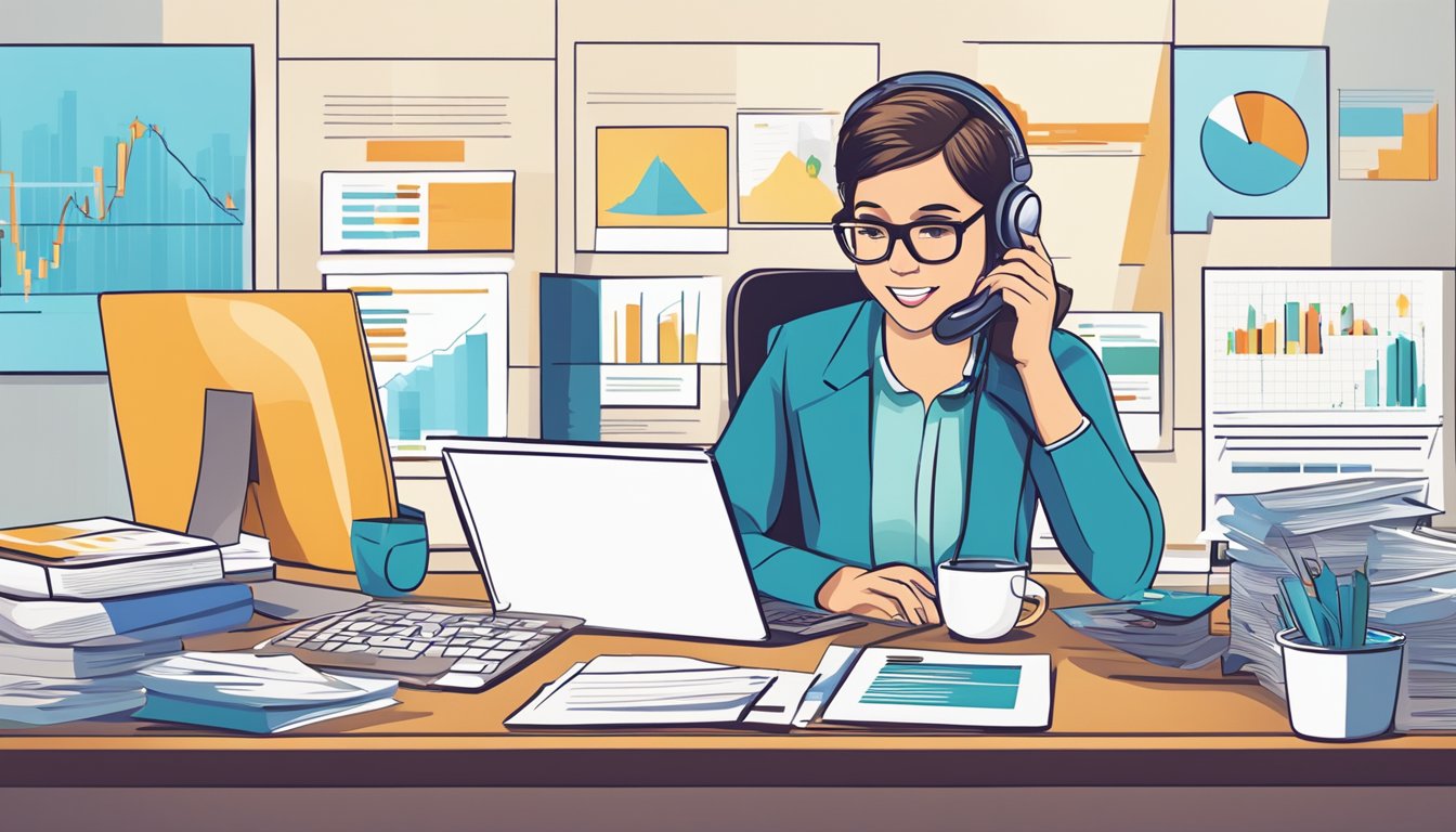 En kundeservicerepresentant som snakker på telefon med en klient, omgitt av markedsføringsmateriell og datadiagrammer