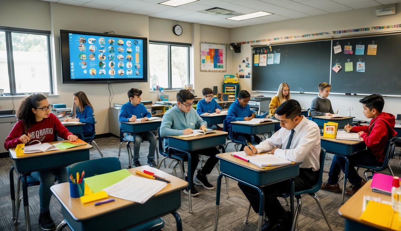 Un aula con estudiantes involucrados en actividades educativas, rodeados de recursos visuales y tecnología relacionada con el marketing de atracción.