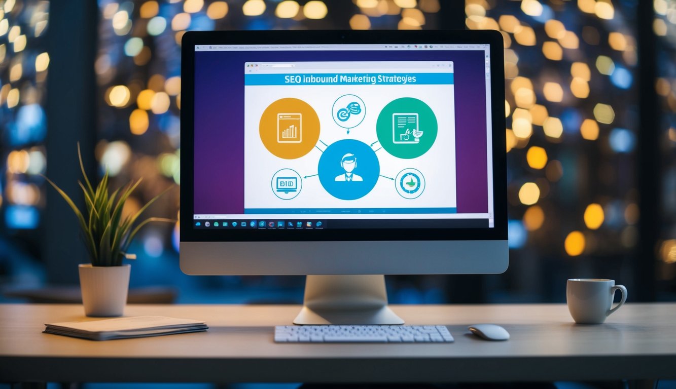 Una pantalla de computadora que muestra estrategias de SEO y marketing de atracción con íconos y símbolos educativos