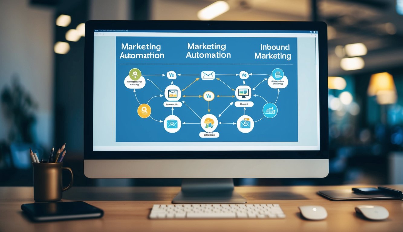 Una pantalla de computadora que muestra un diagrama de flujo de estrategias de automatización de marketing y marketing por correo electrónico interconectadas, con elementos educativos de marketing de atracción.