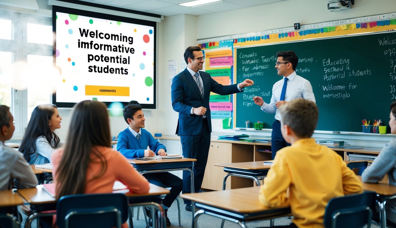 Un aula con un maestro involucrando a los estudiantes a través de actividades interactivas y educativas, mientras que un sitio web acogedor e informativo atrae a estudiantes potenciales.