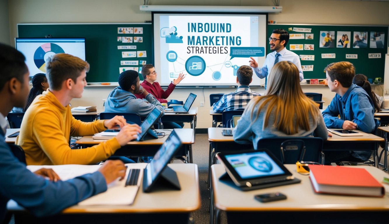 Un aula con estudiantes participando en actividades educativas, rodeados de ayudas visuales y dispositivos digitales, mientras un maestro dirige una discusión sobre estrategias de marketing entrante.