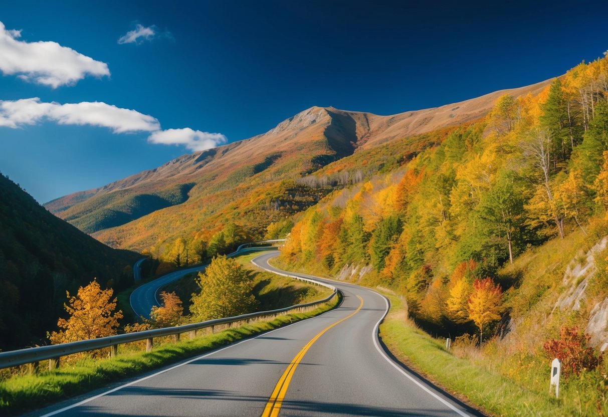 A winding road cuts through a lush, mountainous landscape, with colorful autumn foliage and a clear blue sky overhead