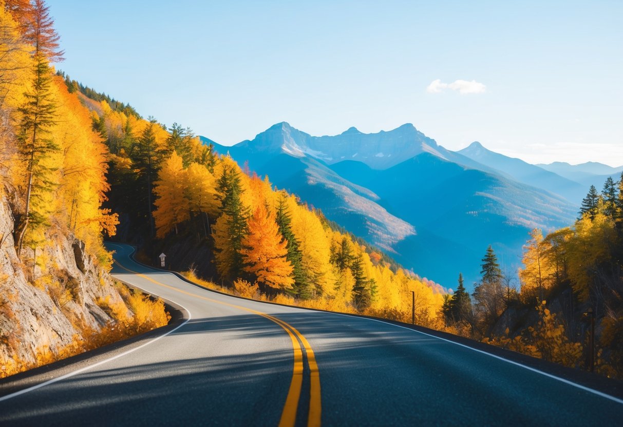 A winding road cuts through colorful autumn foliage, leading to a majestic mountain range in the distance. The sky is clear and the sun is shining, highlighting the natural beauty of the American scenic route