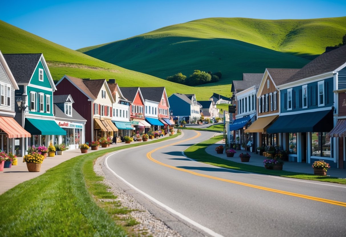 A winding road passes through quaint small towns with colorful storefronts and blooming flower baskets, surrounded by rolling green hills and clear blue skies