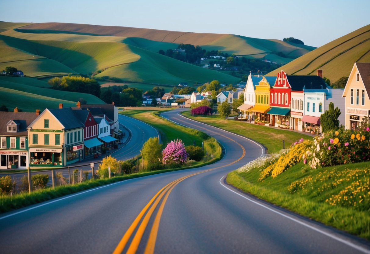 A winding road through rolling hills, passing by quaint small towns with colorful storefronts and blooming gardens