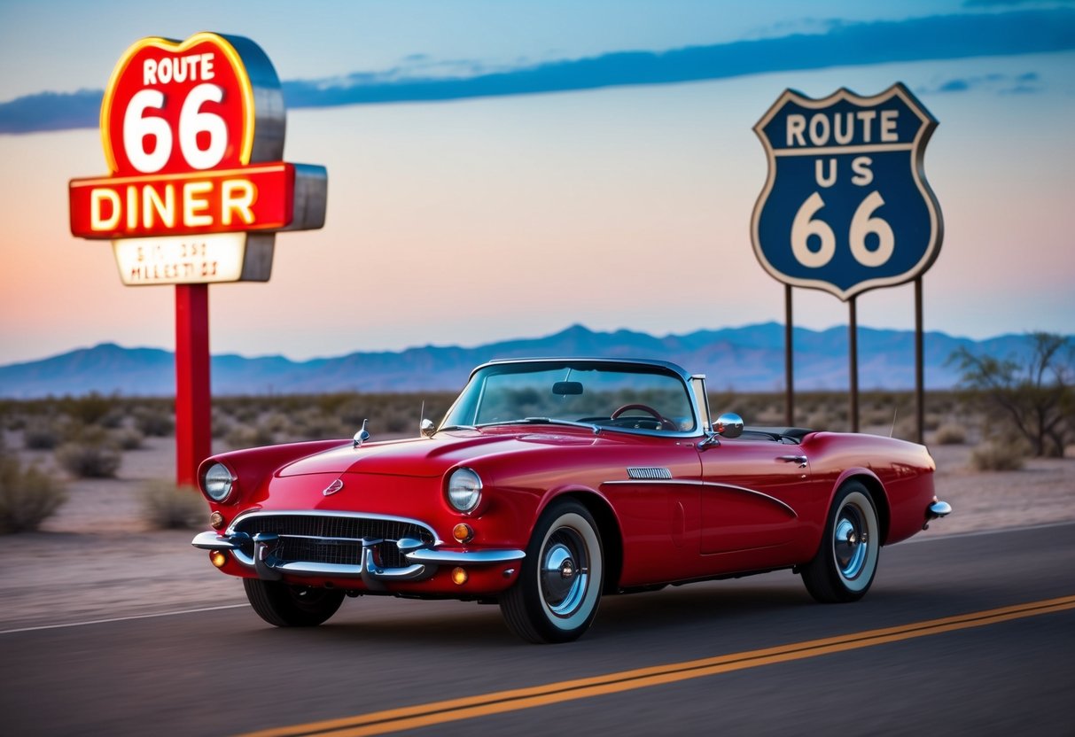 A vintage red convertible cruising past a neon-lit diner with a giant Route 66 sign in the background, surrounded by desert landscape