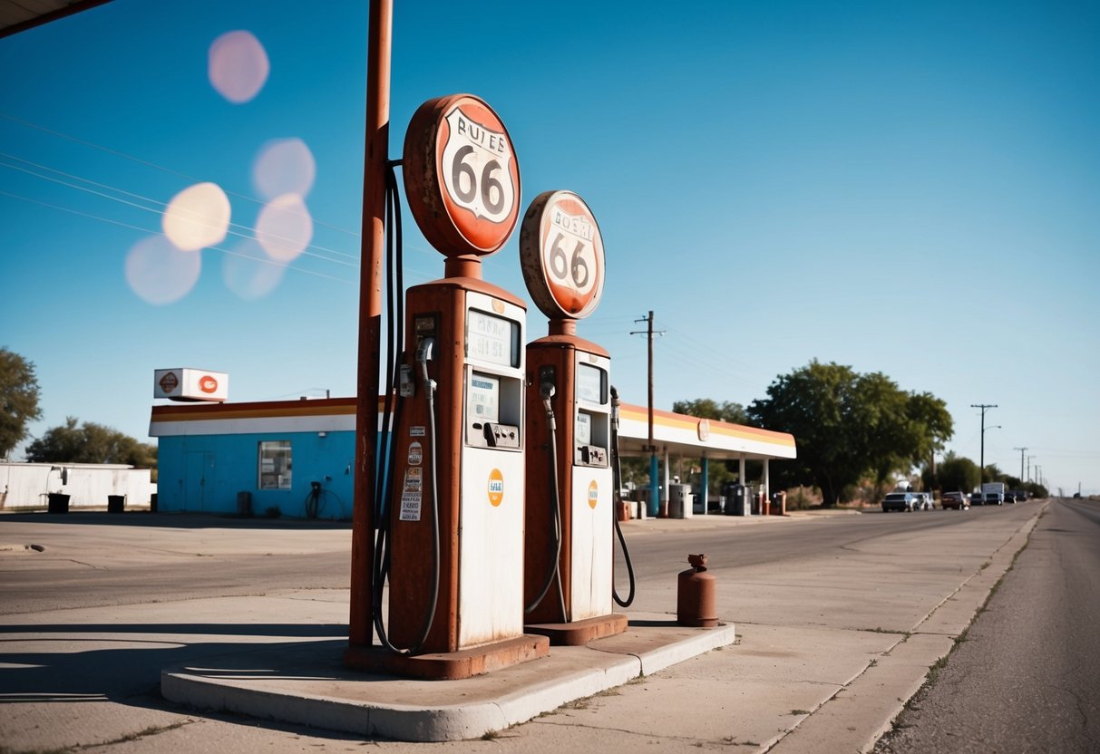 A vintage gas station with rusty pumps and weathered signs along the iconic Route 66