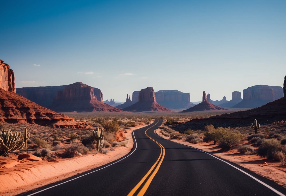 A winding desert road cuts through red rock canyons under a clear blue sky, with cacti and scrub brush dotting the landscape