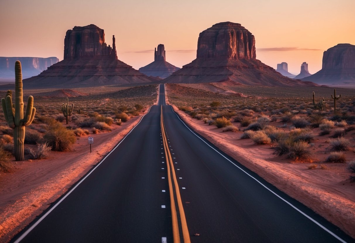 A winding desert road stretches through a barren landscape, flanked by towering red rock formations and cacti. The sun sets in the distance, casting a warm glow over the rugged terrain