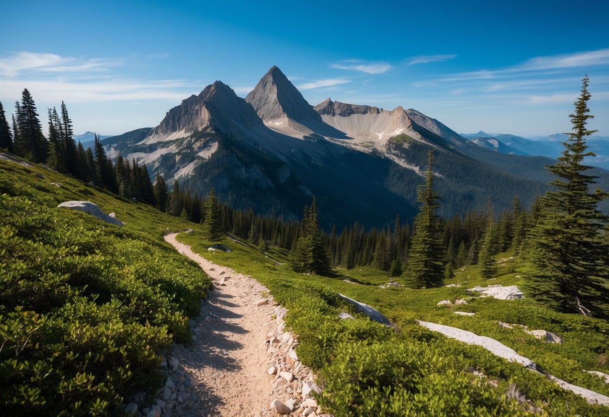 A rugged mountain trail winds through a dense forest, with towering peaks in the distance and a clear blue sky above