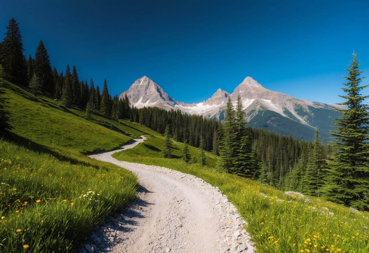 A winding mountain trail cuts through lush forests, with towering peaks in the distance and a clear blue sky overhead