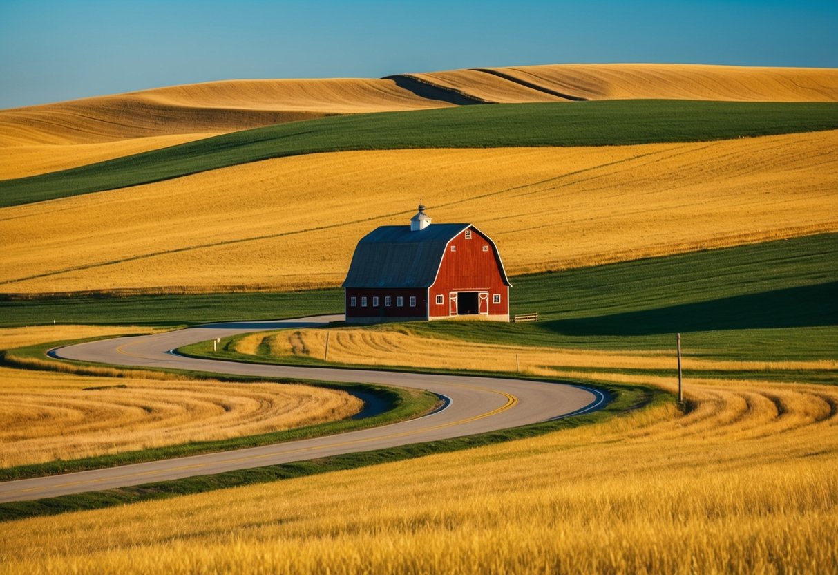 Rolling hills, golden fields, and winding roads stretch across the American Heartland. A classic red barn stands against a backdrop of endless blue skies